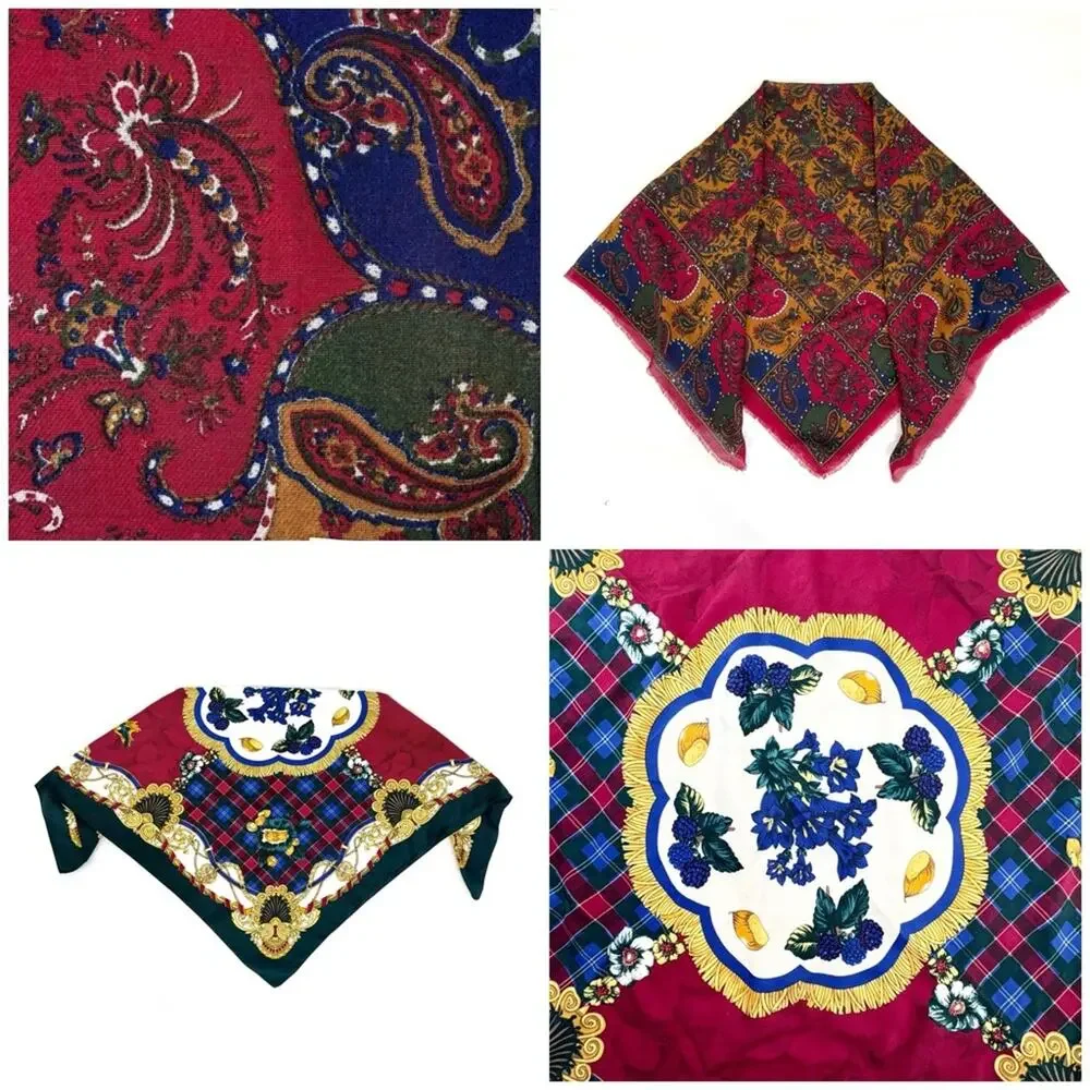 VTG Italian Square Scarf Set Paisley Floral Burgundy Gold Academia Preppy